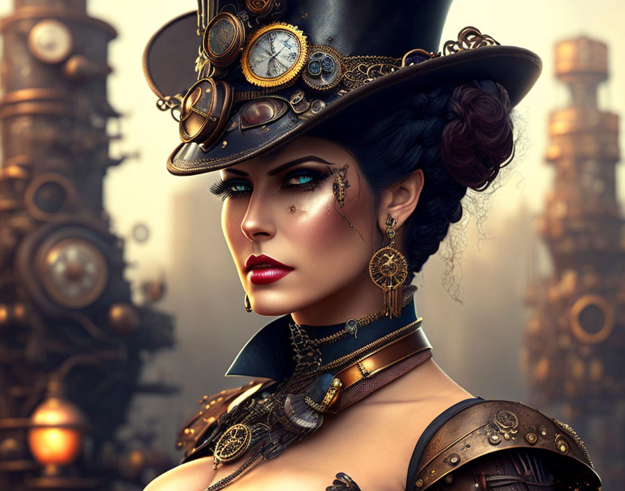 Steampunk-themed woman with mechanical makeup and attire in industrial setting