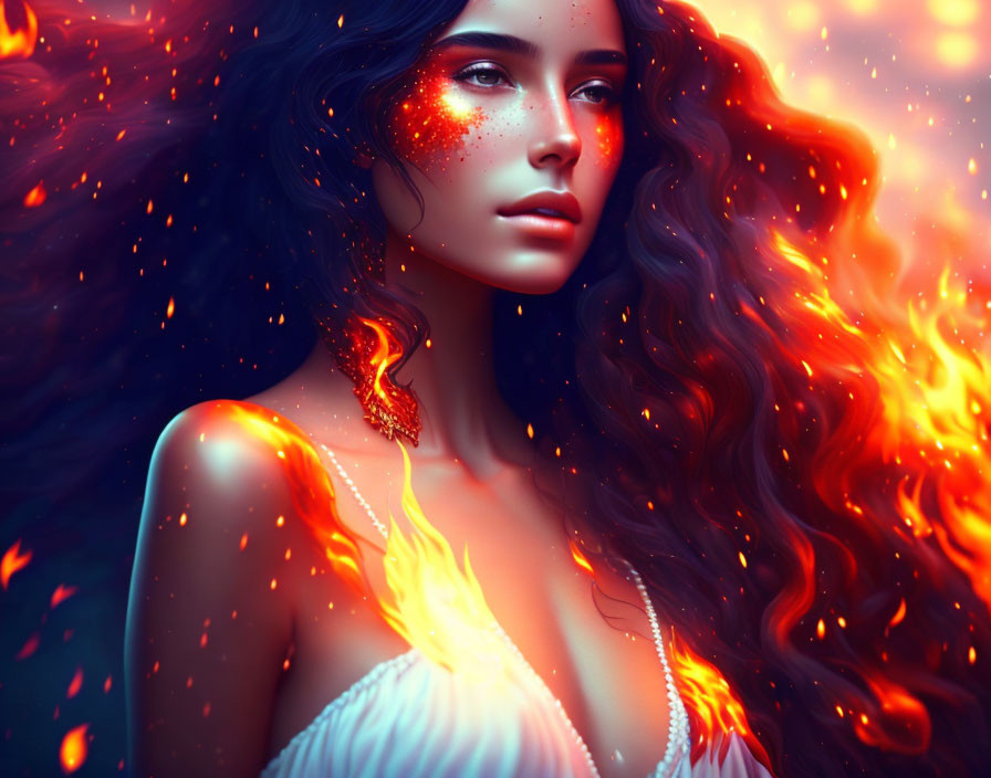 Digital artwork: Woman with fiery red hair and glowing embers, skin adorned with sparkling flecks in