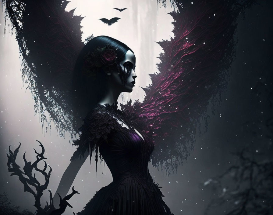 Surreal portrait of a woman with dark wings in moody landscape