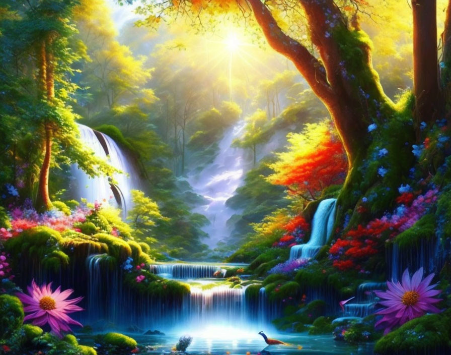 Fantasy forest with waterfalls, sunlight, flowers, and bird