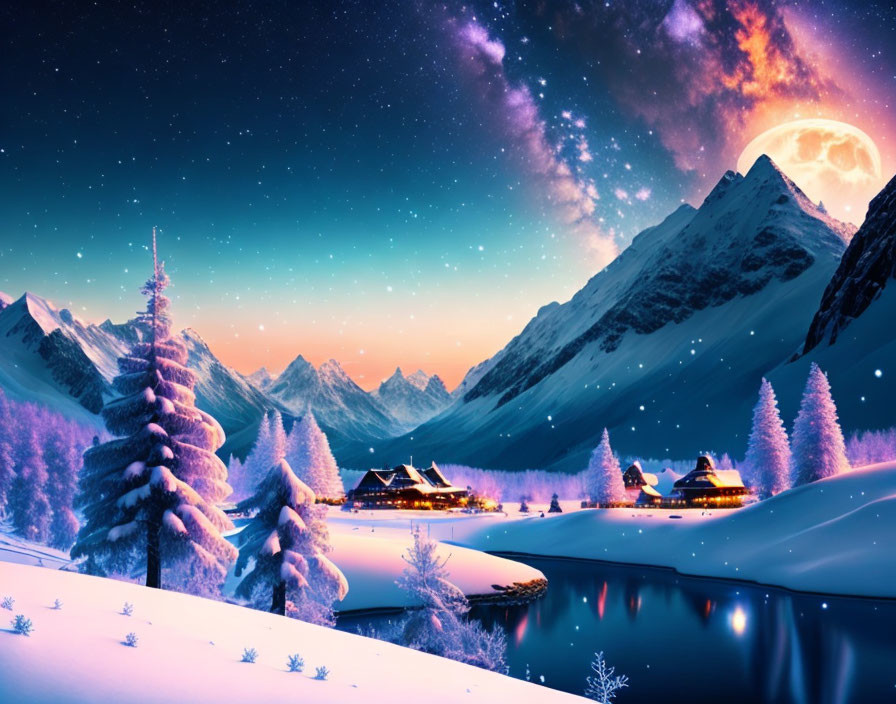 Snow-covered trees under starry sky in serene winter night scene