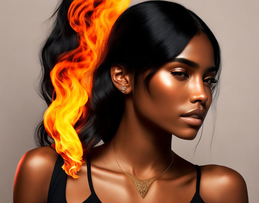 Dark-haired woman with fiery flame hair on neutral background.