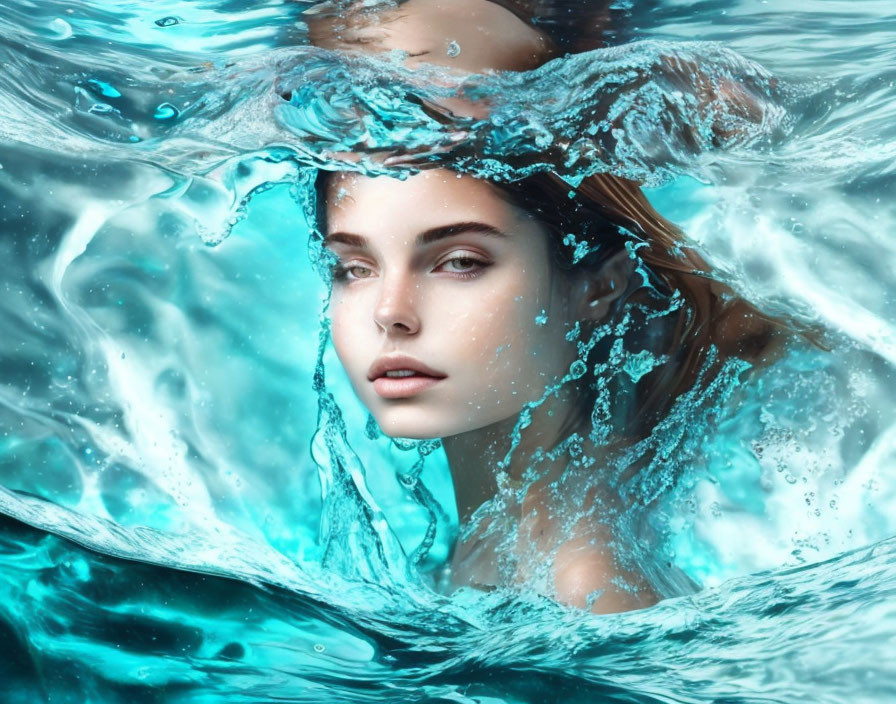 Woman's Face Emerges from Clear Blue Water with Droplets and Wet Hair