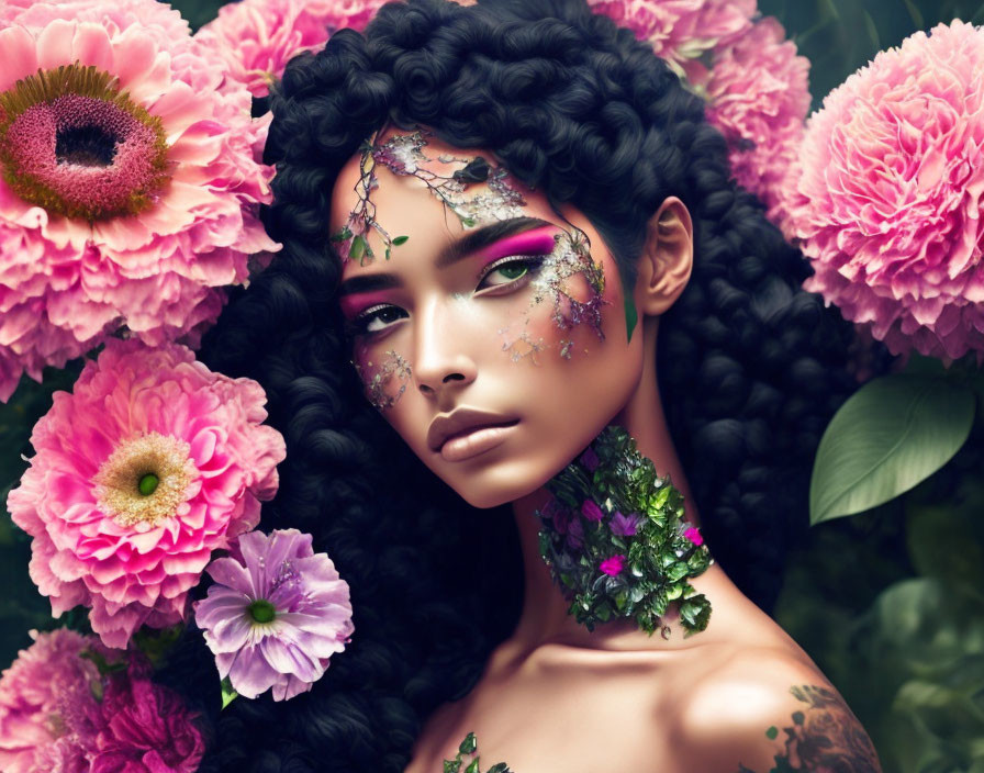 Surreal digital artwork: Woman with curly hair and vibrant pink flowers