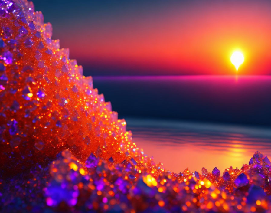 Vivid orange sunset reflecting on water with crystal-like surface