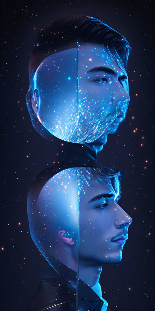 Man's profile merging with cosmic vista: stars and nebulae against dark space.