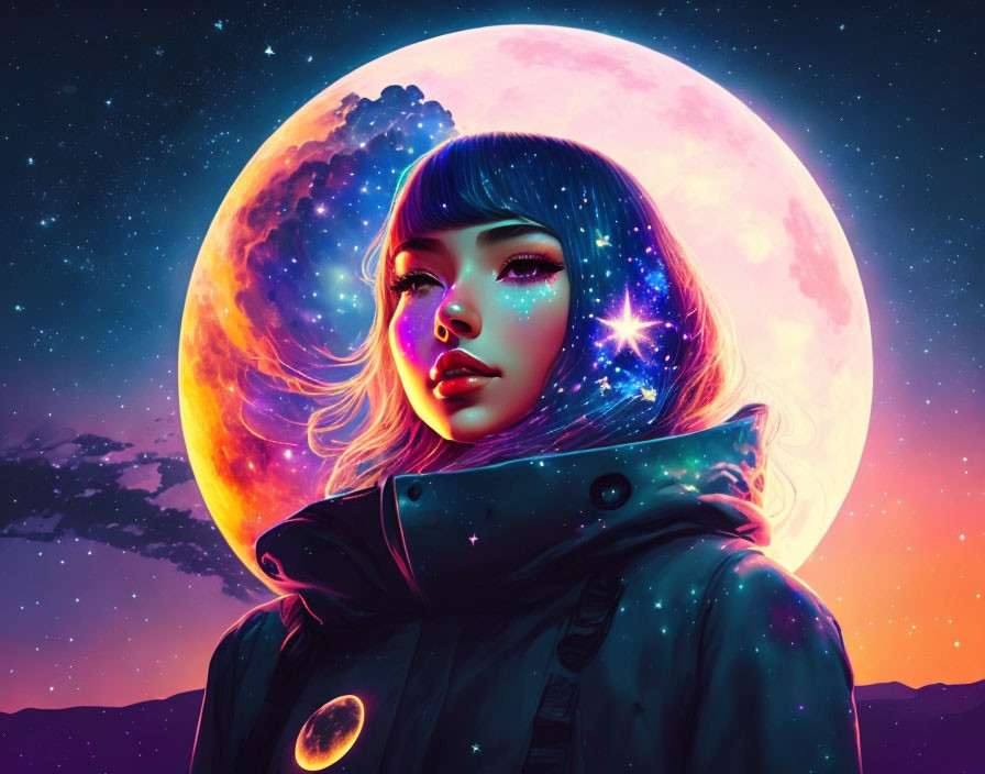 Cosmic-themed stylized portrait of a woman with vibrant moon and stars.