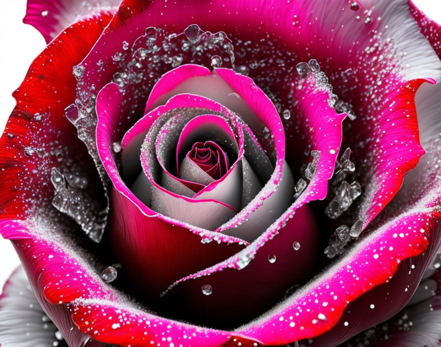 Vibrant red rose with pink gradient tips and water droplets on soft white background