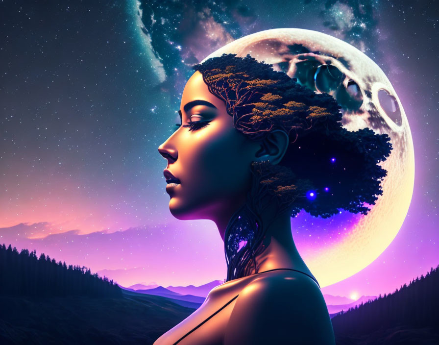 Cosmic landscape in woman's side-profile with moon, stars, and mountains