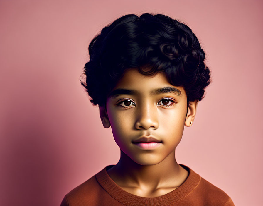 Child portrait with curly hair and brown eyes on pink background