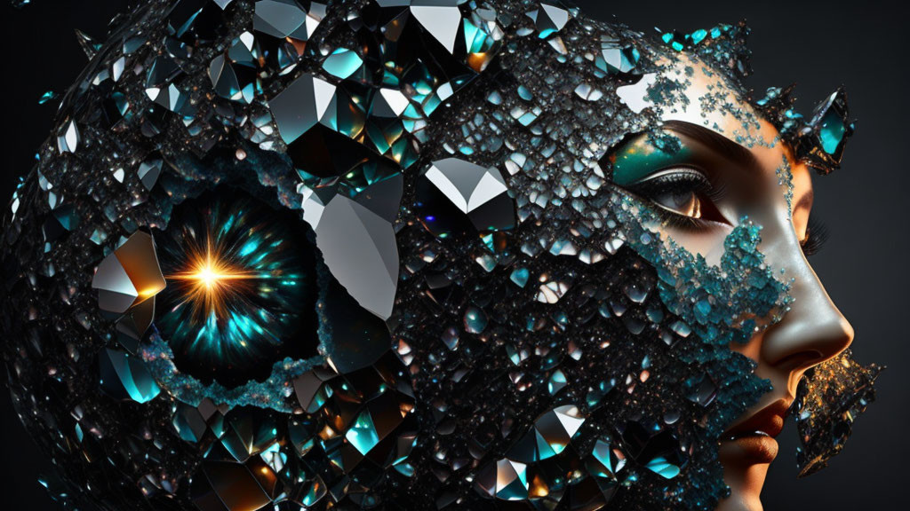 Digital Art: Woman with Crystal-Infused Face