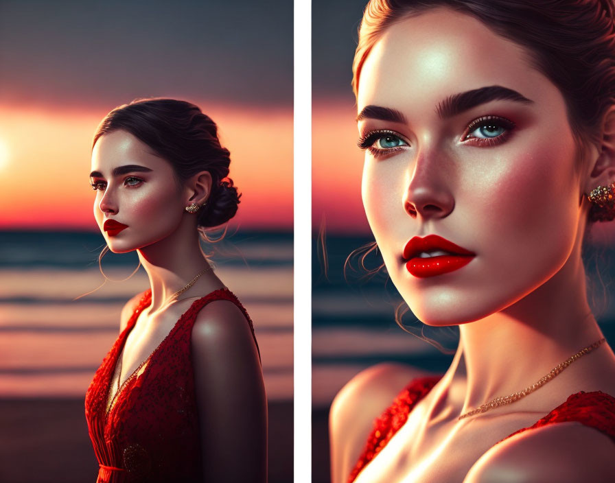 Woman in Red Dress with Earrings and Sunset Beach Background