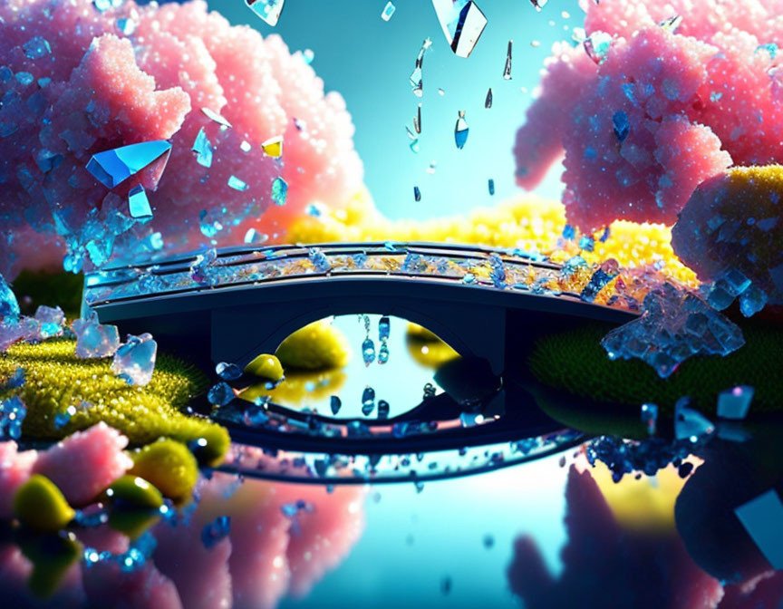 Fantasy landscape with bridge, crystalline trees, and floating crystals