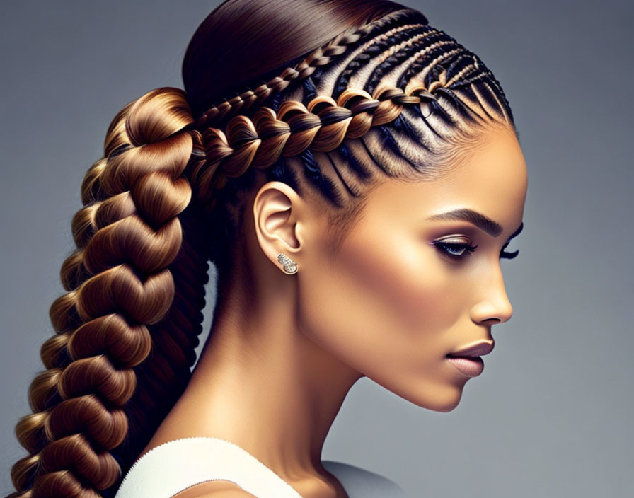 Intricately braided hair woman with stud earring on grey background