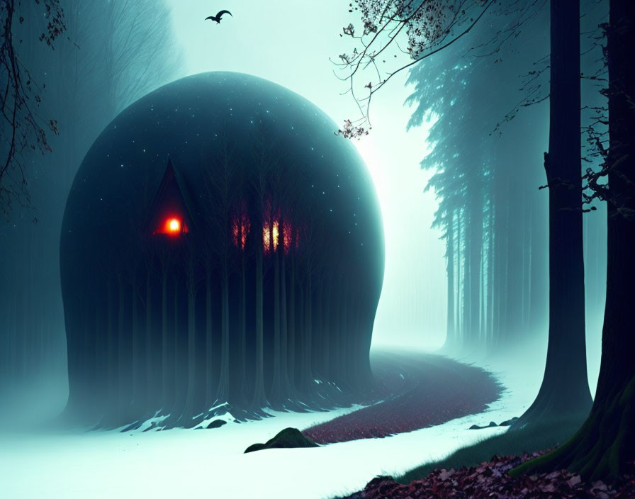 Surreal landscape with spherical structure, house, trees, fog, forest, and bird.