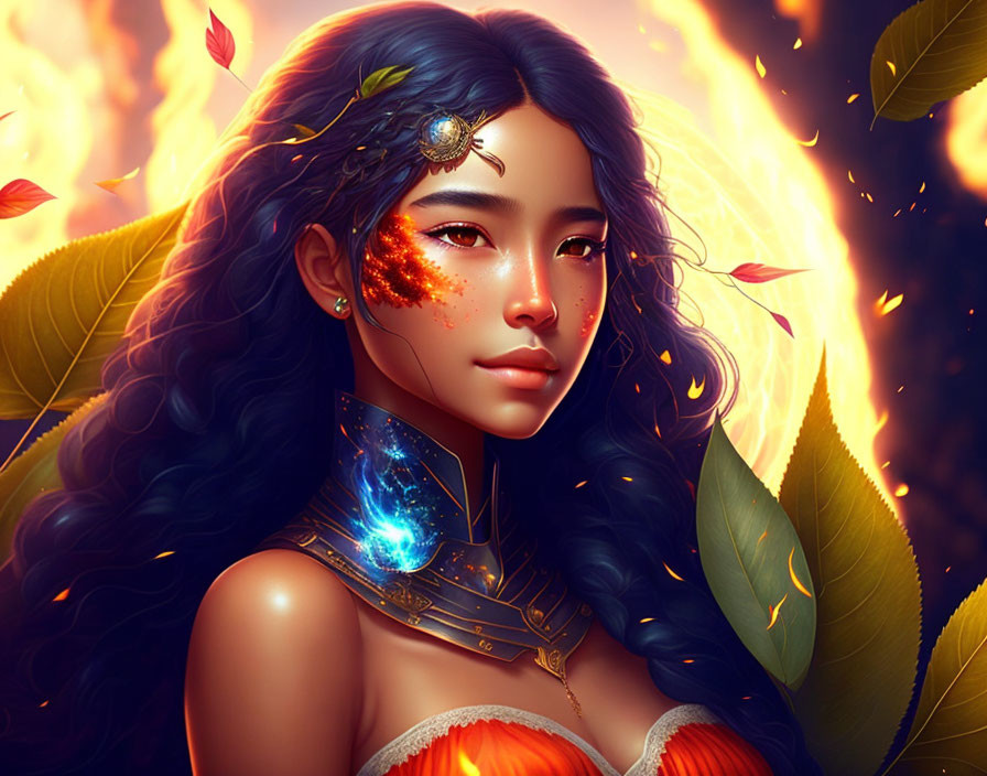 Dark-haired woman with glowing freckles and ornate shoulder piece in digital artwork.