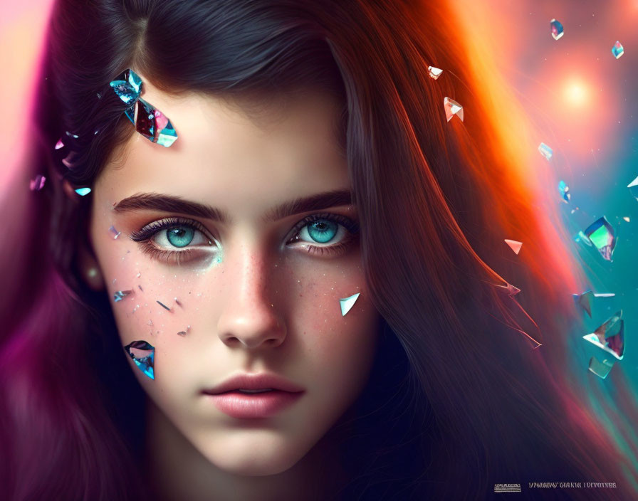 Vibrant blue-eyed girl with turquoise gemstones in digital art