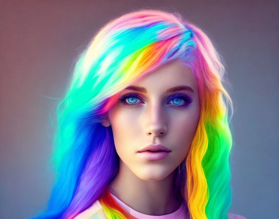 Vibrant rainbow-colored hair and blue eyes on neutral background