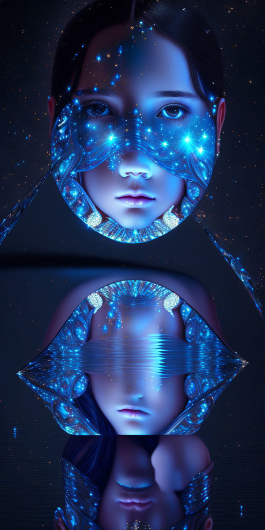 Digital Artwork: Two portraits with cosmic masks on starry background