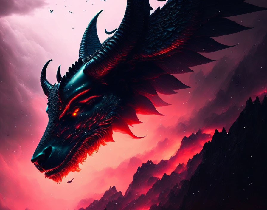 Black Dragon with Glowing Red Eyes Soaring in Crimson Sky