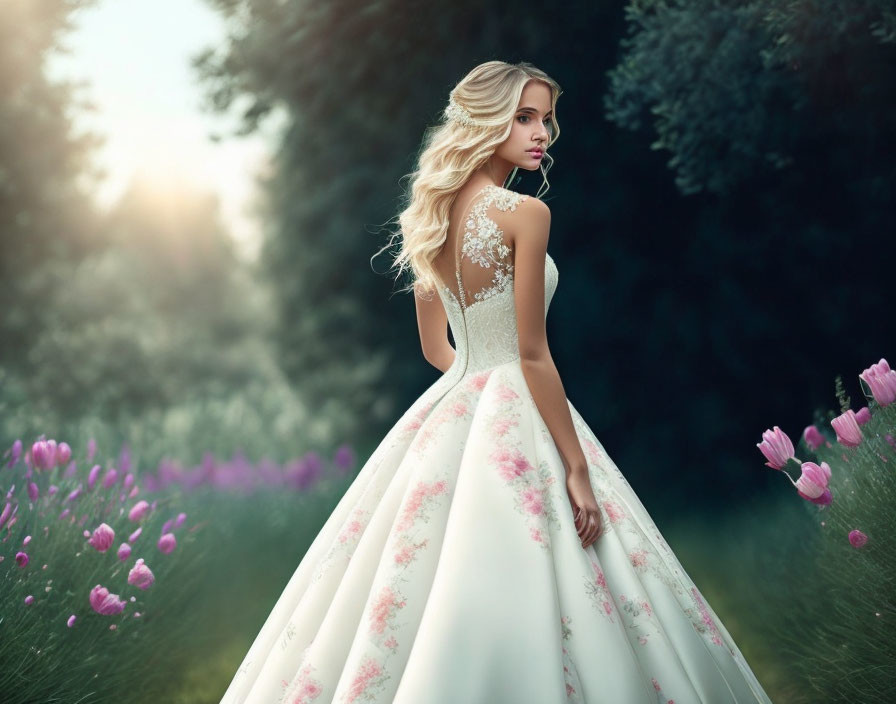 Blonde woman in white floral gown in peaceful meadow