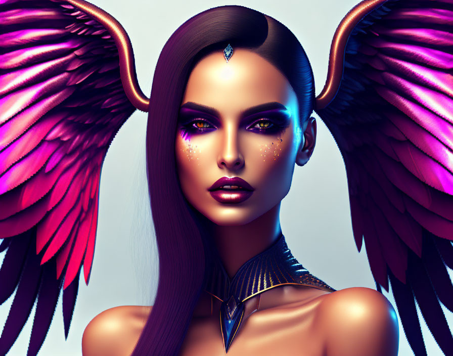 Woman with Purple Feathery Wings and Futuristic Makeup