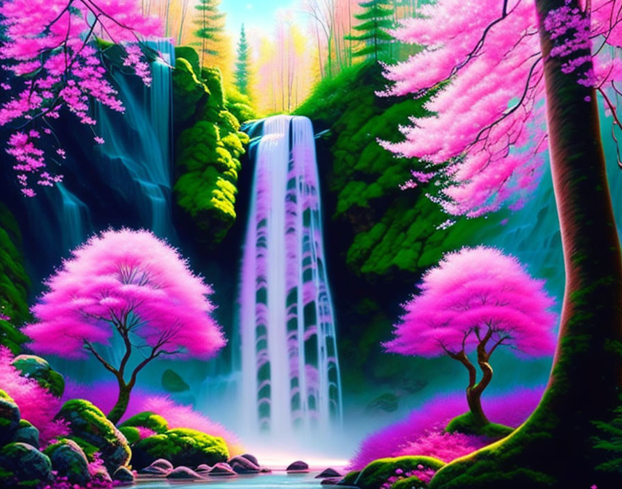 Digital artwork: Magical waterfall with pink cherry blossoms and lush greenery