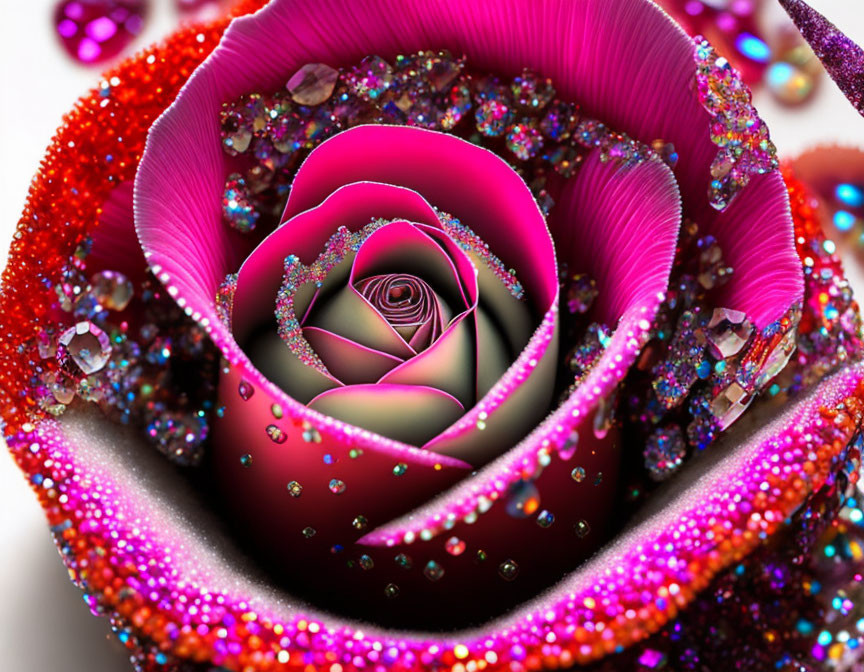 Vibrant pink and red fractal rose with jewel-like decorations