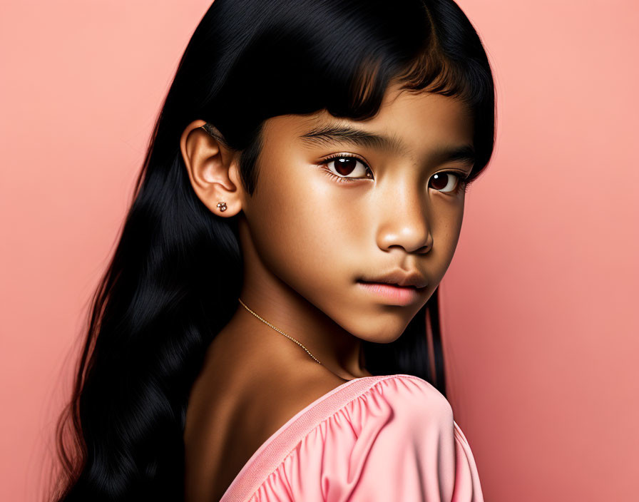 Young girl with long black hair in pink top on peach background gazes thoughtfully.