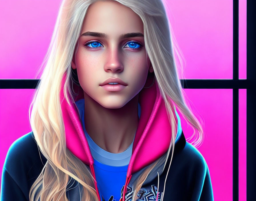 Young woman with blue eyes and blonde hair in digital artwork with pink hoodie and neon background.