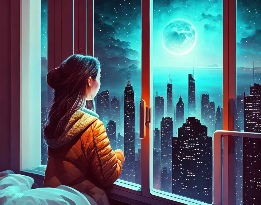 Person observing futuristic cityscape under starry sky with large moon