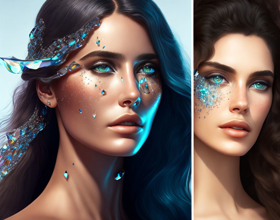 Digital portrait of woman with blue glass-like shards, reflecting light in dual images.