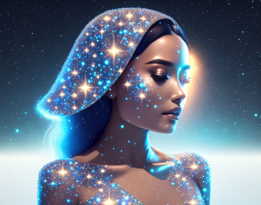 Digital artwork: Woman with glowing star hair and clothes on dark, starry background