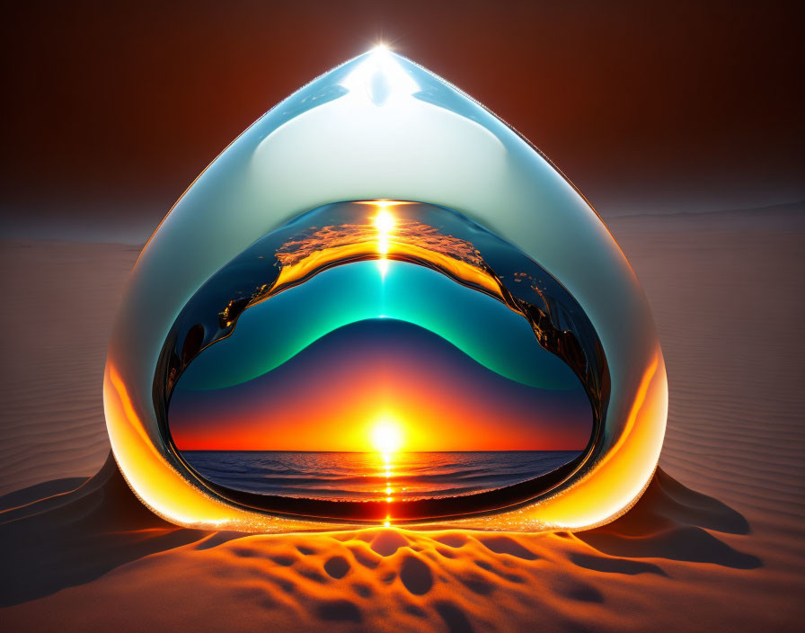 Surreal sunset beach scene reflected in large teardrop-shaped object