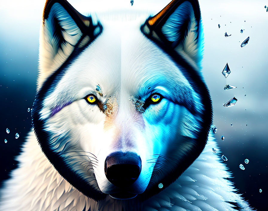 Blue and white wolf digital art with mirrored image within forehead