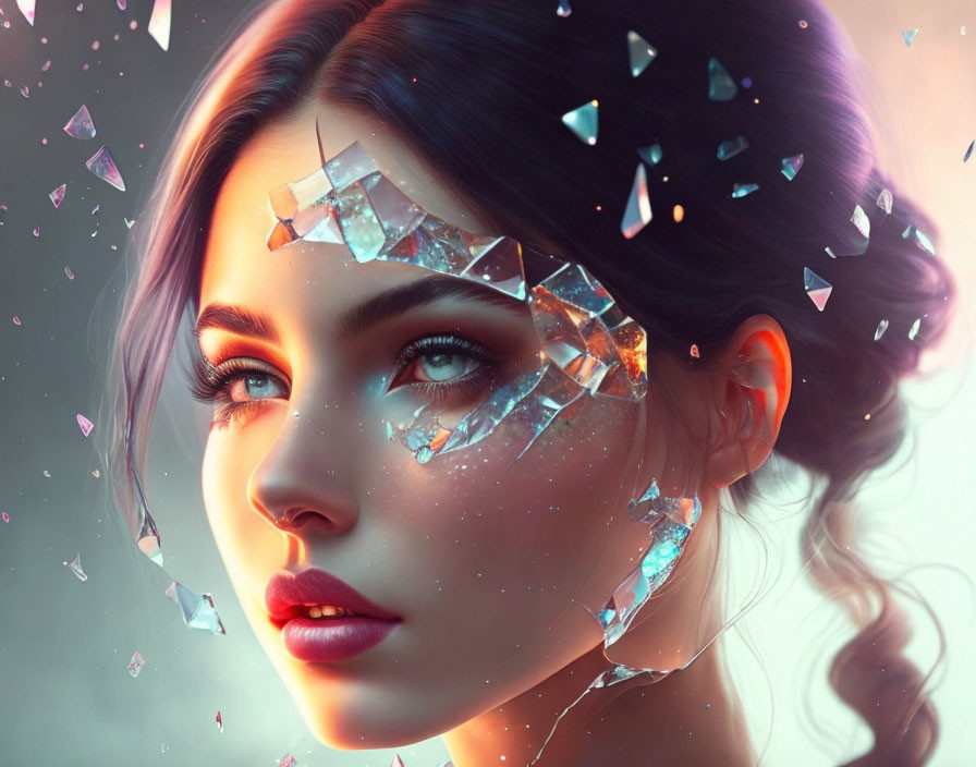 Digital portrait of a woman with radiant blue eyes and shimmering crystal shards.