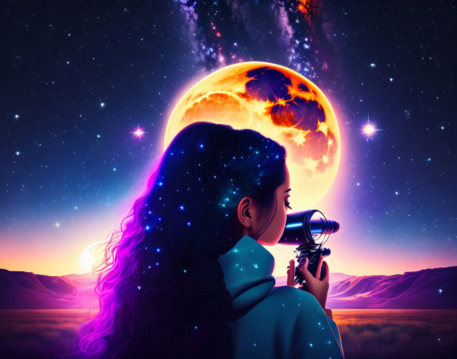 Woman observing radiant moon through telescope in surreal cosmic scene.