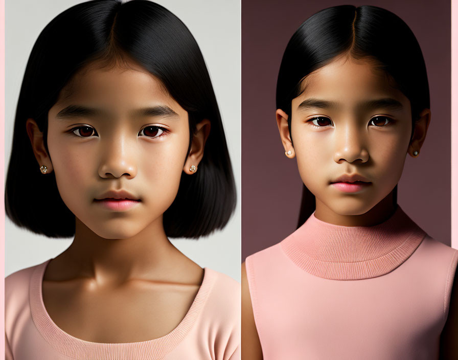 Split portrait of young girl with neutral and slight smile, pink top, pink backdrop