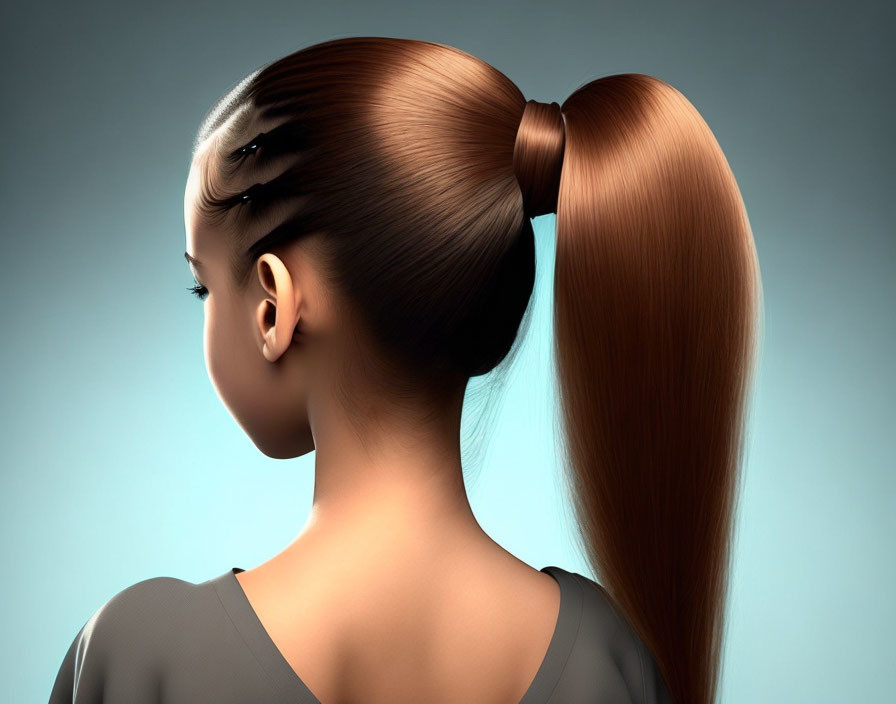 Sleek high ponytail hairstyle against blue backdrop