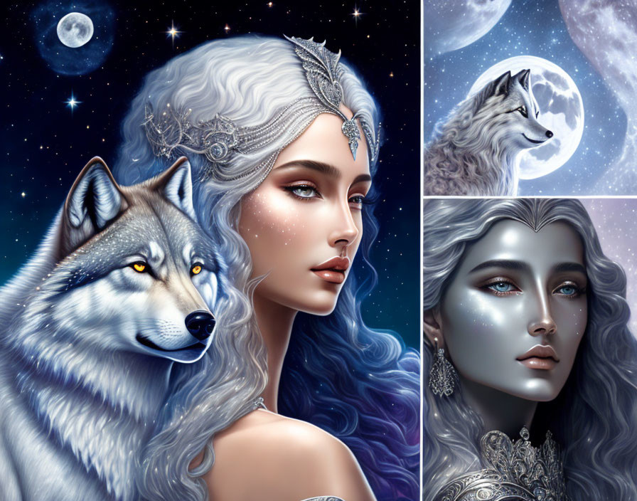 Fantastical illustration of woman with silver-blue hair and wolf under starry night sky.