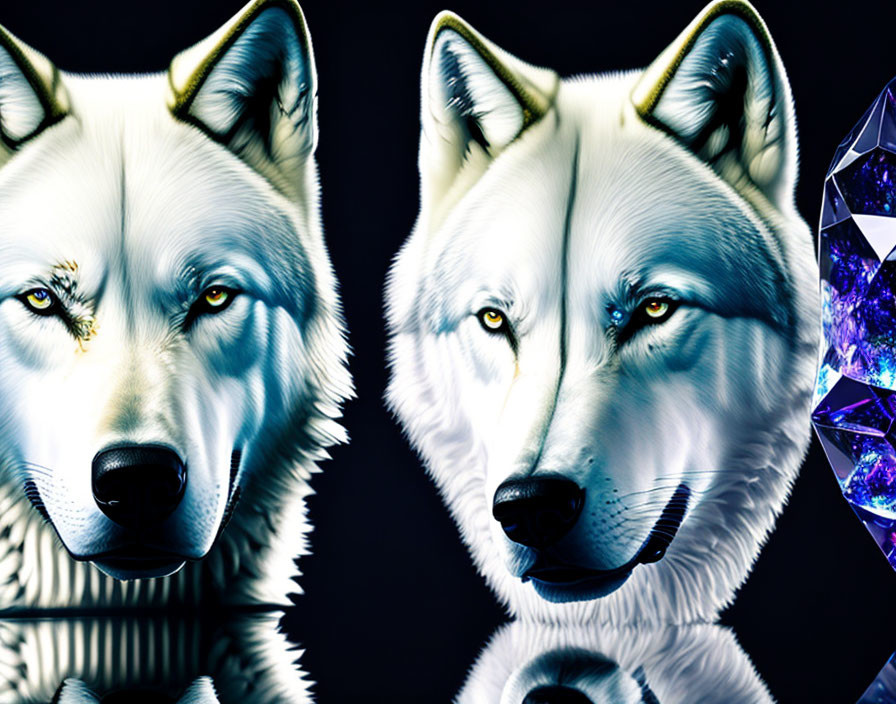 Stylized Wolf Faces with Blue Crystal on Black Background