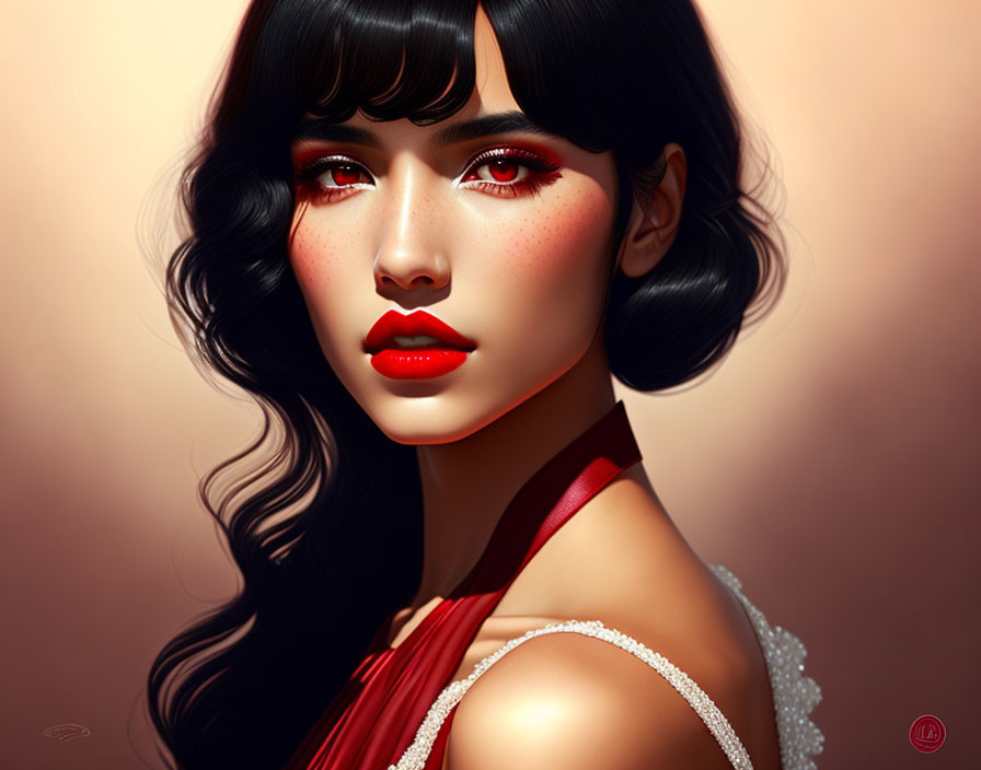 Dark-haired woman with red lips and freckles in red strap and white beaded accessory.