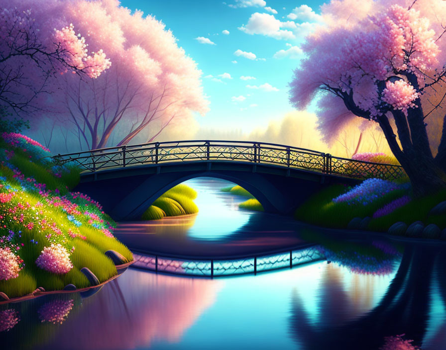 Tranquil river with cherry blossoms, bridge, and flowers at twilight