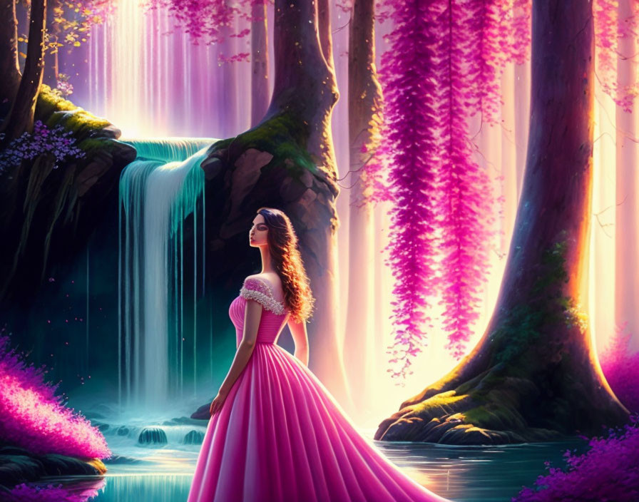 Woman in pink gown near magical waterfall in mystical forest