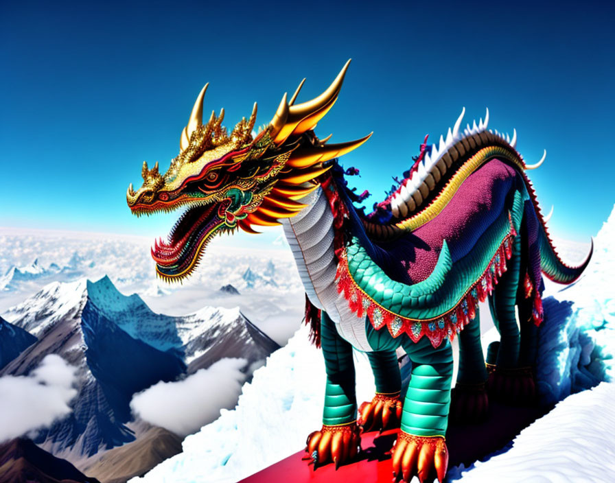 Colorful dragon sculpture on snowy mountain peak under clear blue sky