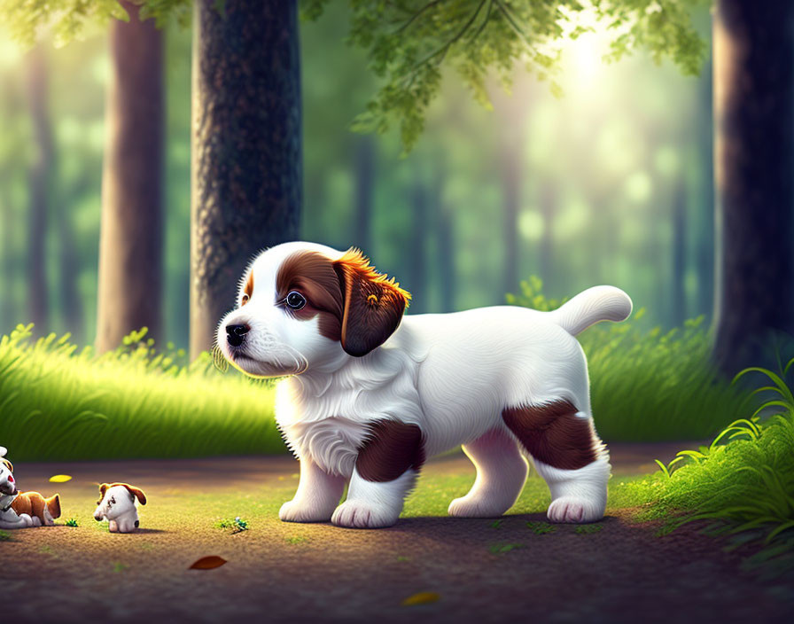 Brown and white animated puppy in sunny forest clearing with butterflies