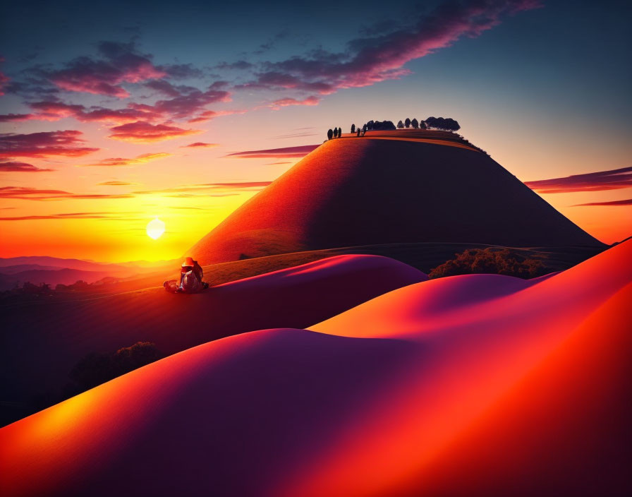 Motorcyclist riding through vibrant sand dunes at sunset