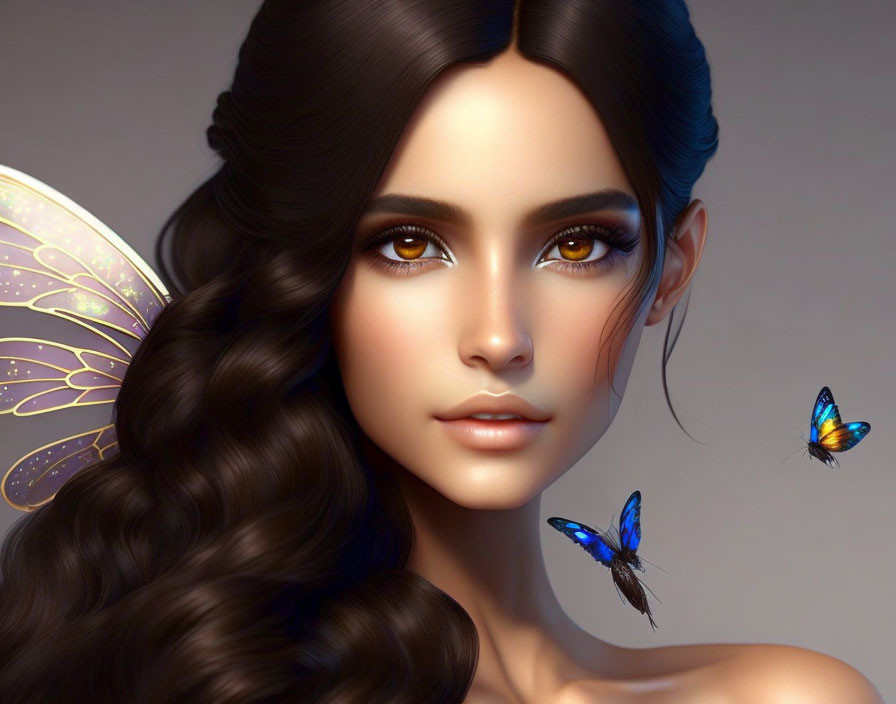 Digital portrait of woman with large eyes, glossy hair, and iridescent butterflies.