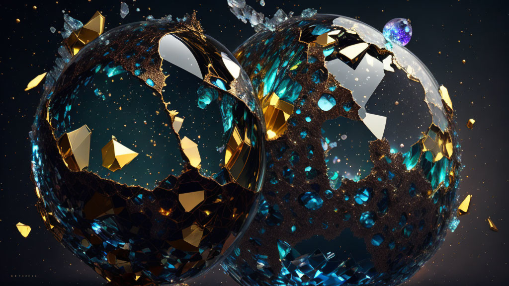 Shattered glowing spheres with floating fragments in dark space