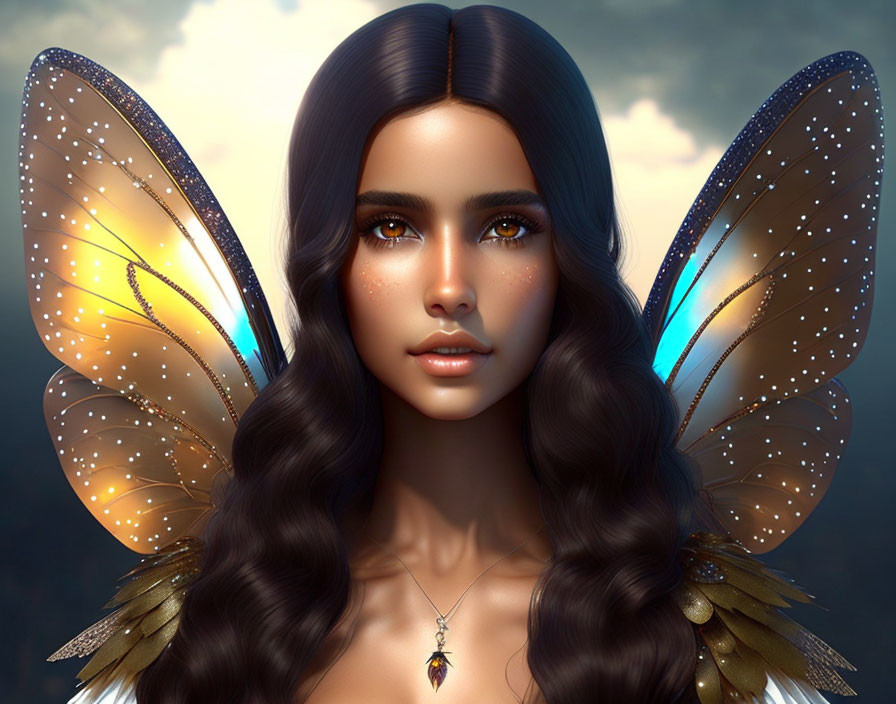 Digital portrait of woman with luminescent butterfly wings, dark hair, necklace, twilight sky.